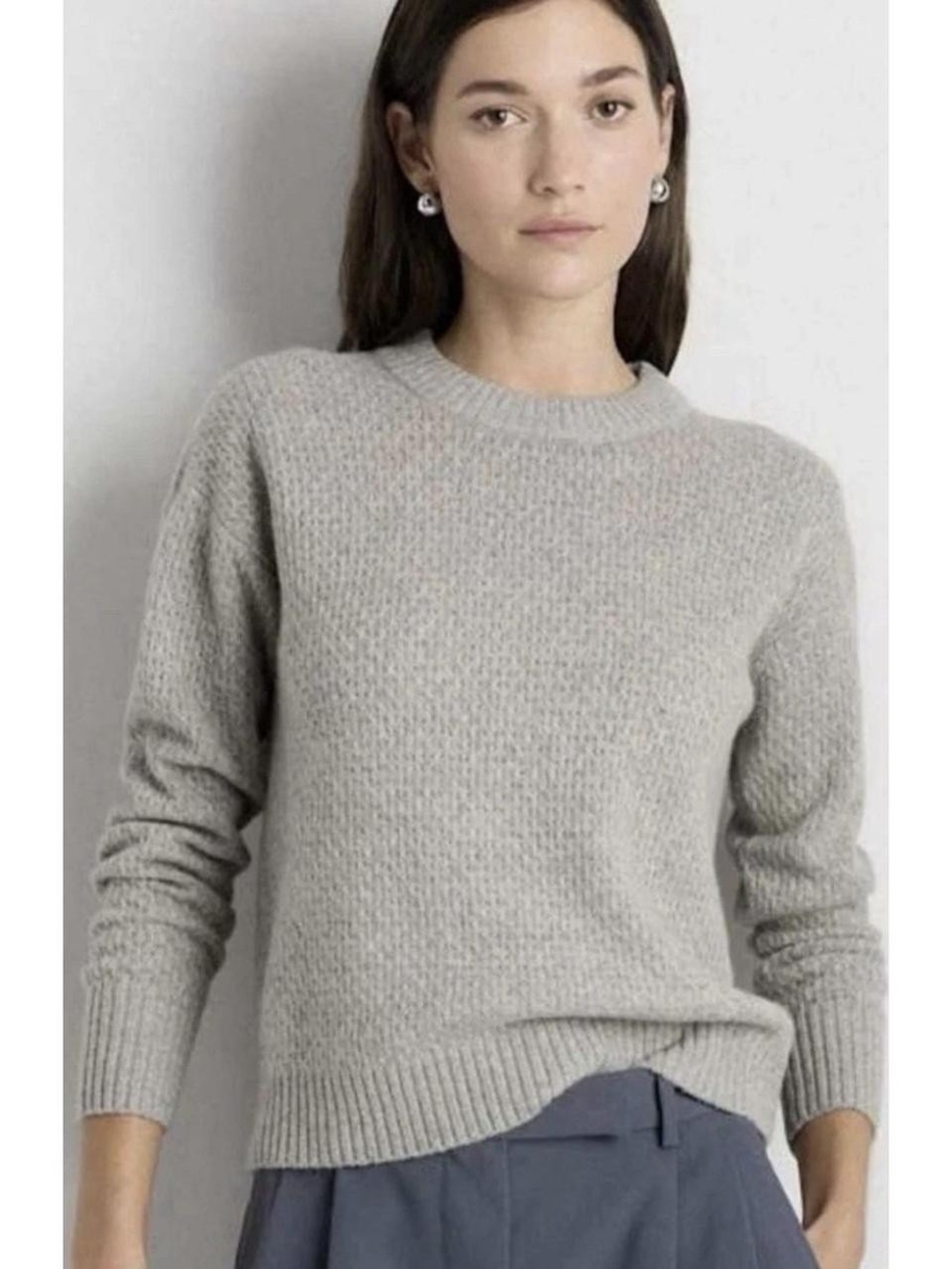 Quince Baby Alpaca-Wool Diamond Stitch Crew Neck Sweater Heather Grey Women's L